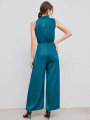Satin High Neck Solid Zipper Pleated Wide Leg Jumpsuit