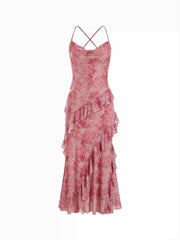 Mesh Floral Cowl Neck Ruffled Mermaid Maxi Dress