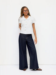 Cotton-blend Peter Pan Collar Bowknot Pocket Button Oversized Blouse