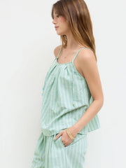 Cotton-blend Stripe Beaded Pleated Cami top With Mid Rise Straight Leg Trousers Set