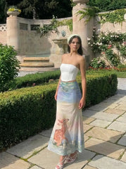 Mesh Oil Painting Mid Rise Lettuce Trim Mermaid Maxi Skirt