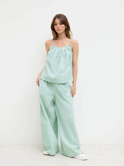 Cotton-blend Stripe Beaded Pleated Cami top With Mid Rise Straight Leg Trousers Set