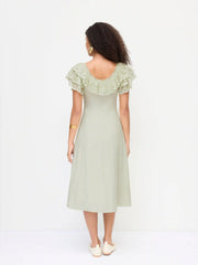 Linen-blend Scoop Neck Puff Sleeve Lace Bowknot A-line Midi Dress
