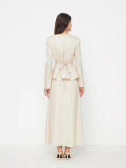 Round Neckline Tie Back Peplum Top & Mid Rise Maxi Skirt Set