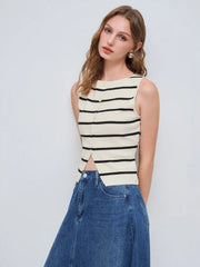 Knit Boat Neck Striped Button Split Vest