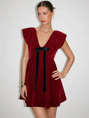 Velvet V-neck Bow Detail A-line Mini Dress