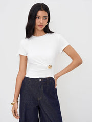 Round Neckline Ruched Button Short Sleeve Tee
