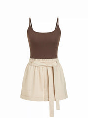 Linen-blend Colorblock Scoop Neck Mid Rise Belted Romper