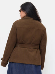 Corduroy Double Breasted Jacket With Belt Curve & Plus