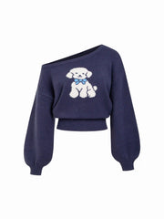Dog Graphic Knit Asymmetrical Neck Long Sleeve Top