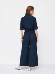Linen-blend Collar Knotted Roll Hem Oversized Jumpsuit