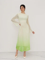 Mesh Asymmetrical Neck Gradient Twist Ruched Maxi Dress