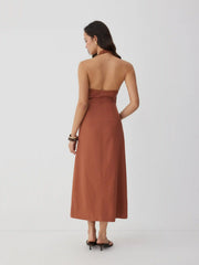 Linen-blend V-neck Cut Out Knotted Maxi Dresses