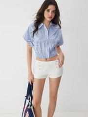 Cotton-blend Stripes Collar Batwing Sleeve Shirred Crop Blouse