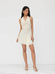 Cowl Halter Neckline Lace Knotted Ruffle Mini Dress