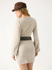 Wool-blend Cable Knit V-neck Bobycon Mini Dress With Belt