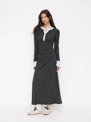 Textured Round Neck Long Sleeve Contrasting Binding Maxi Dress