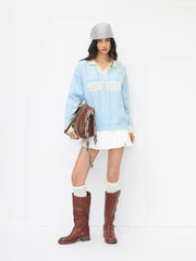 New York Knit Colorblock Polo Neck Long Sleeve Oversized Top