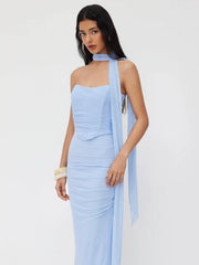 Mesh Halter Neckline Crop Bandeau Top & High Rise Ruched Mermaid Maxi Skirt Set