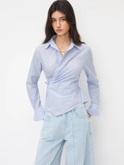 Cotton-blend Collar Asymmetrical Hem Tie Side Ruched Blouse