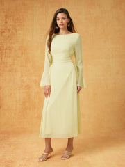 Chiffon Boat Neck Lace Up Ruffle Sleeve Flared Maxi Dress
