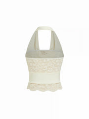 High Stretch Halter Neck Lace Panel Crop Top