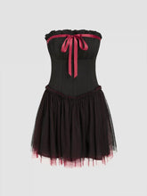 Contrasting Binding Bowknot Tulle Tube Mini Dress