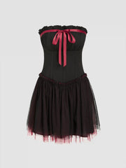 Contrasting Binding Bowknot Tulle Tube Mini Dress