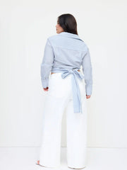 Cotton-blend Polo Stripe Knotted Crop Shirt Curve & Plus