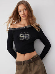 Cotton-blend 98 Asymmetrical Neck Metal Detail Crop Top