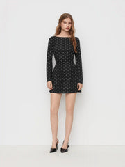 Cotton-blend Boat Neck Polka Dot Ruched Bell Sleeve Mini Dress