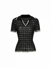 Knit Textured Contrast Trim Polo Short Sleeve Top