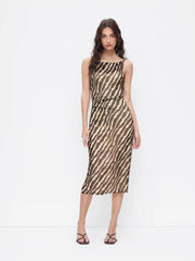 Zebra Stripe Mesh Boat Neck Twist Ruched Midi Dress