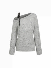 Knit Asymmetrical Neck Buckle Long Sleeve Oversized Top