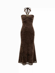 Velvet Halter Neckline Metal Detail Maxi Dress