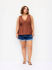 Linen-blend V-neck Ruffled Peplum Metal Detail Blazer Vest Curve & Plus