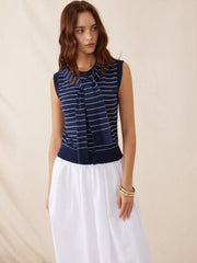 Knit Striped Button Through Top With Scarf