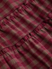 Cotton-blend Square Neck Plaid Lettuce Trim Tie Front Asymmetrical Hem Maxi Dress
