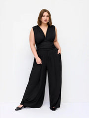 V-neck Lace Trim Ruched Wide Leg Jumpsuit Curve & Plus