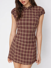 Mandarin Collar Plaid Top & Mid Rise Zipper Mini Skort Set