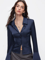 Satin Collar Button Long Bell Sleeve Shirt