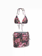 Floral Triangle Side Tie Bikini Set with Sarong