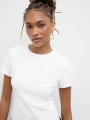 Cotton-blend Round Neckline Solid Short Sleeve Cropped Tee