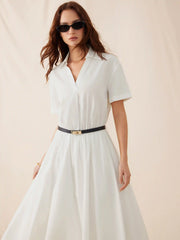 Cotton-blend Collar Shirt Maxi Dress With Metal Detail Belt