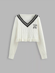 Knit V-neck Badge Graphic Ruffle Trim Contrasting Binding Long Sleeve Crop Top