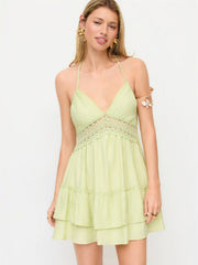 V-neck Halter Neckline Backless Guipure Lace Layered A-line Mini Dress