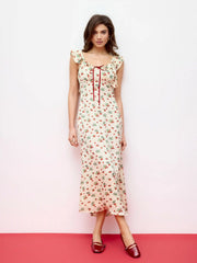 Satin Scoop Neckline Strawberry Bowknot Ruffle Hem Maxi Dress