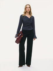 Stripe Asymmetrical Neck Ruffle Sleeve Ruched Blouse