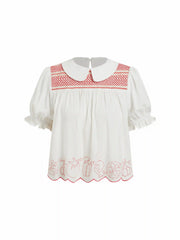 Linen-blend Peter Pan Collar Puff Sleeve Embroidery Scalloped Blouse