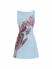 Mesh Floral Boat Neck Backless Chain Detail A-line Mini Dress